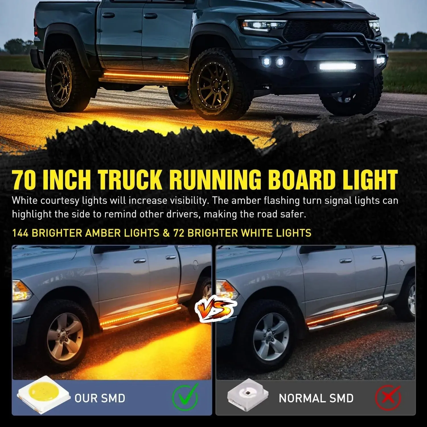 70 Inch 216 Leds Running Board Amber White Light Strip (Pair)