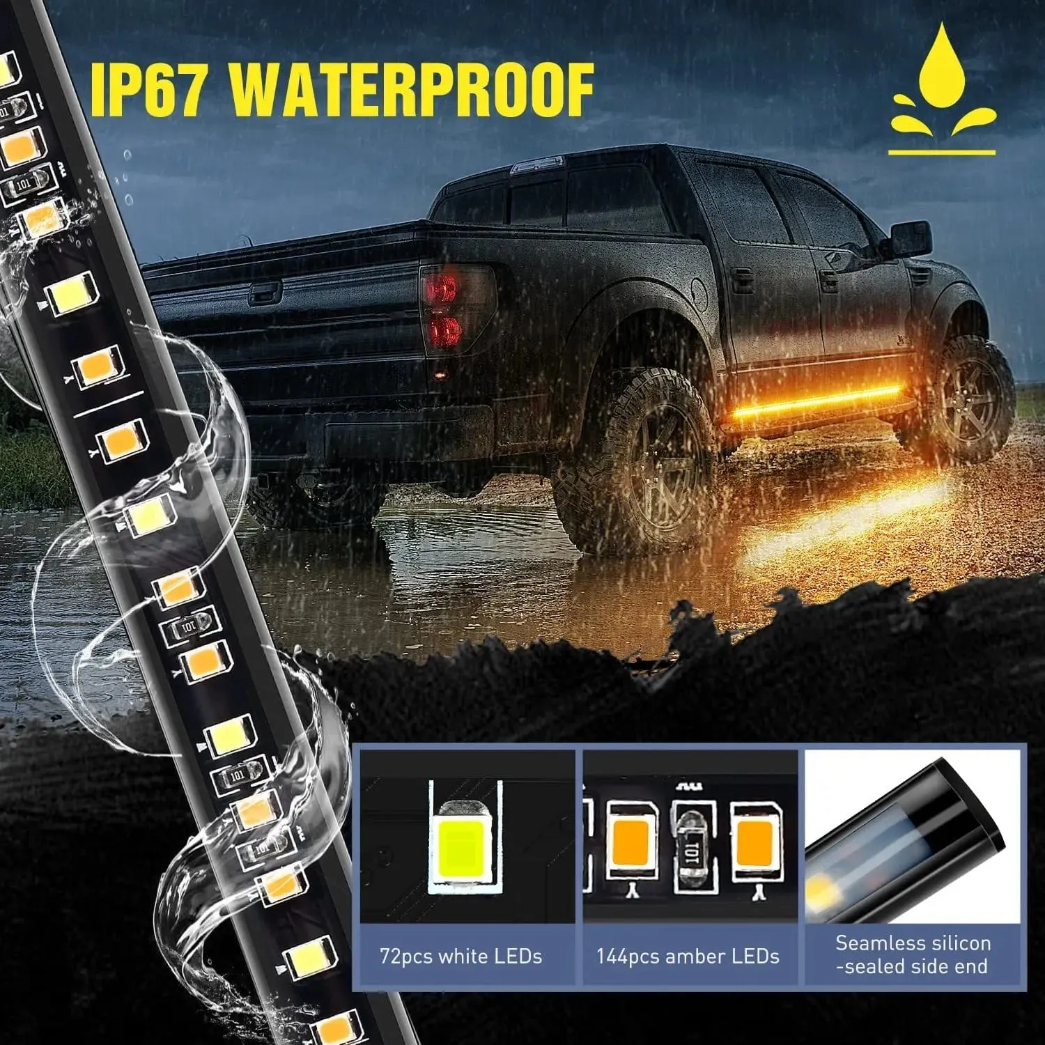 70 Inch 216 Leds Running Board Amber White Light Strip (Pair)