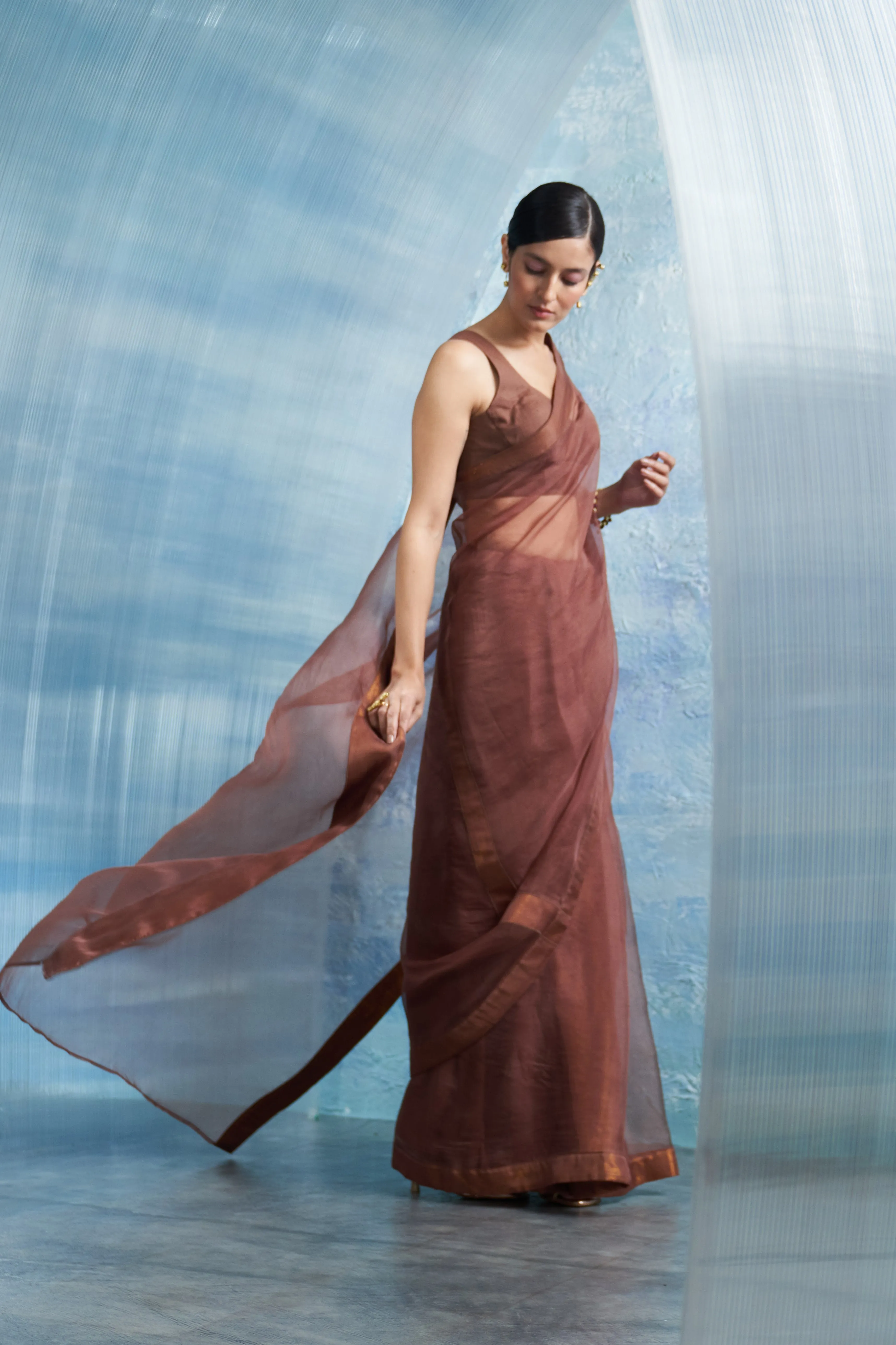 Aura Woody Brown Saree with Sleeveless Blouse