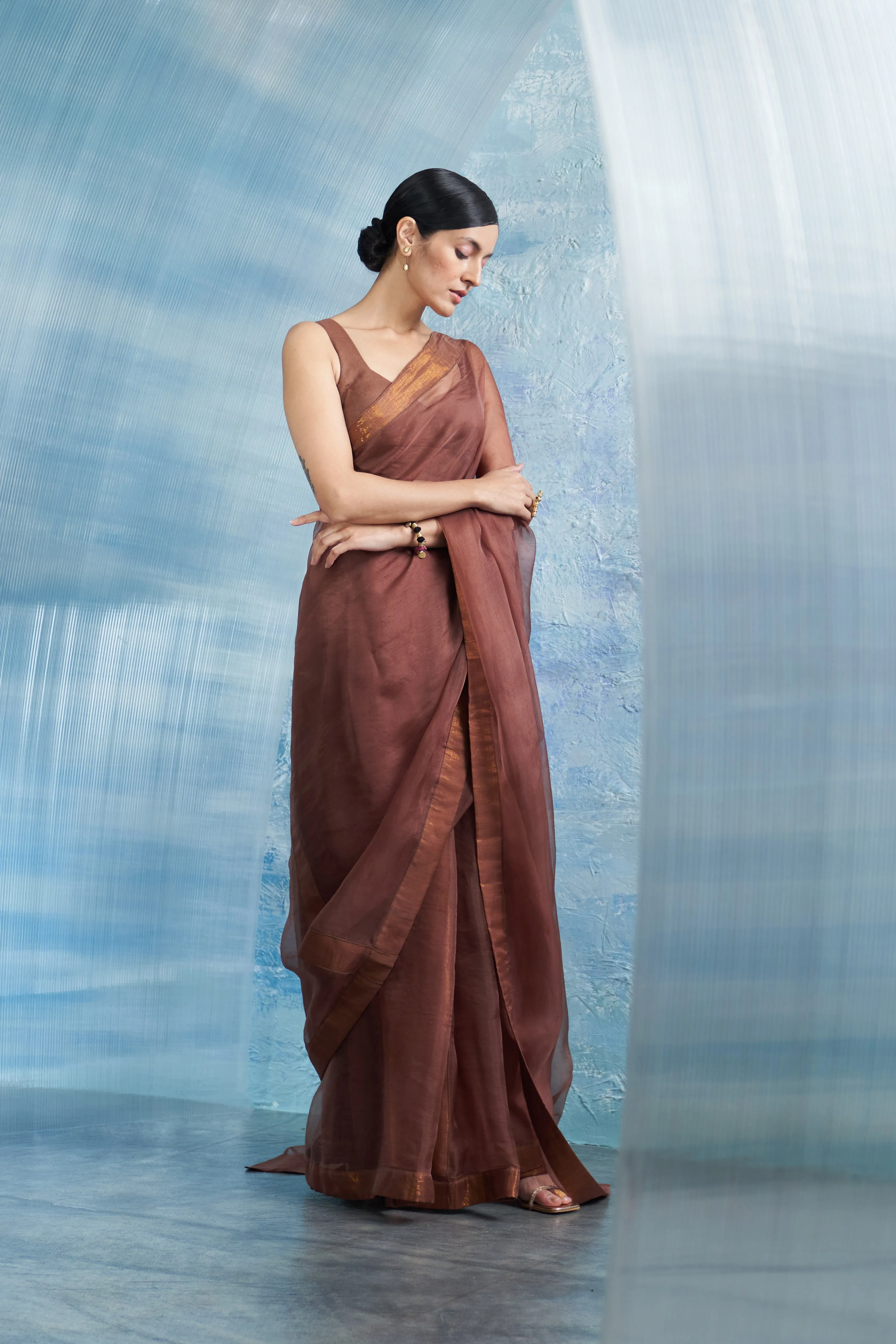 Aura Woody Brown Saree with Sleeveless Blouse