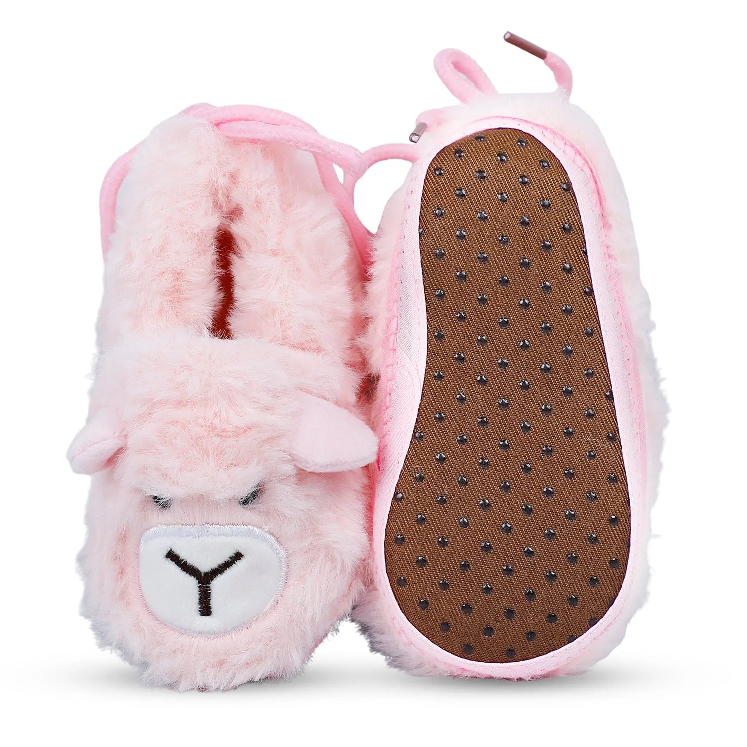 Baby Moo Furry Bear Warm And Cozy Anti Skid Booties - Pink