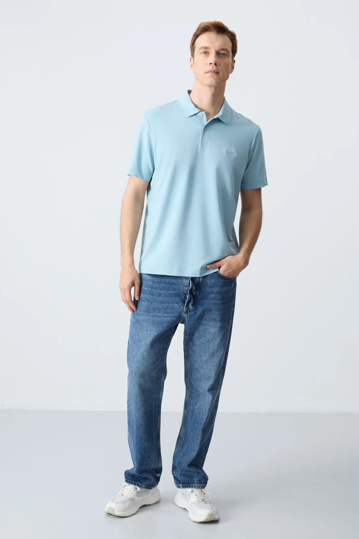 basic logolu standart kalip triko polo yaka erkek t-shirt - 87748
