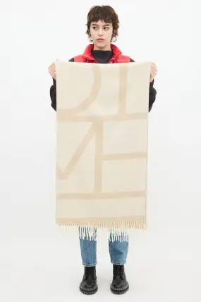 Beige Wool Intarsia Logo Fringe Scarf