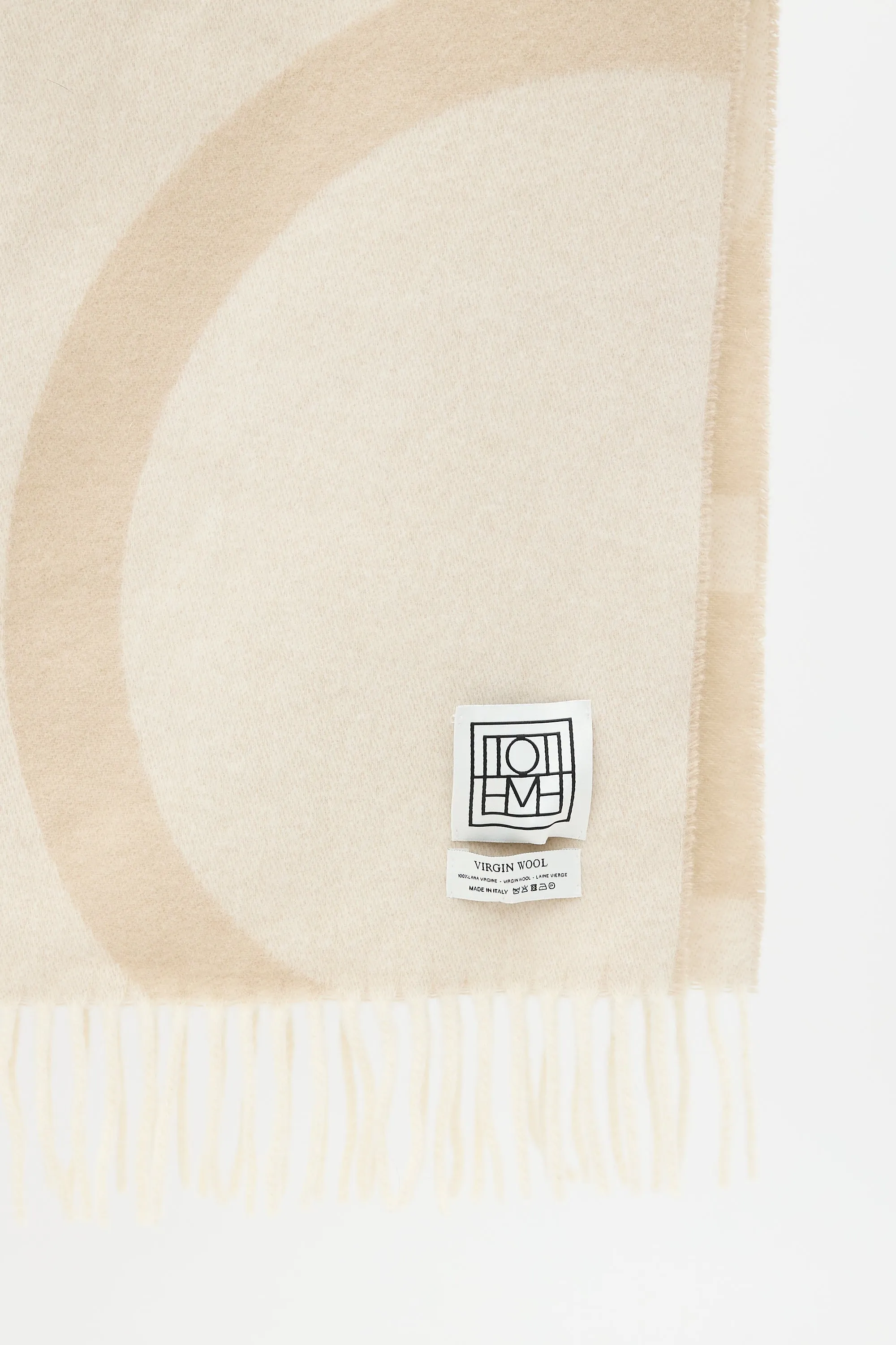 Beige Wool Intarsia Logo Fringe Scarf