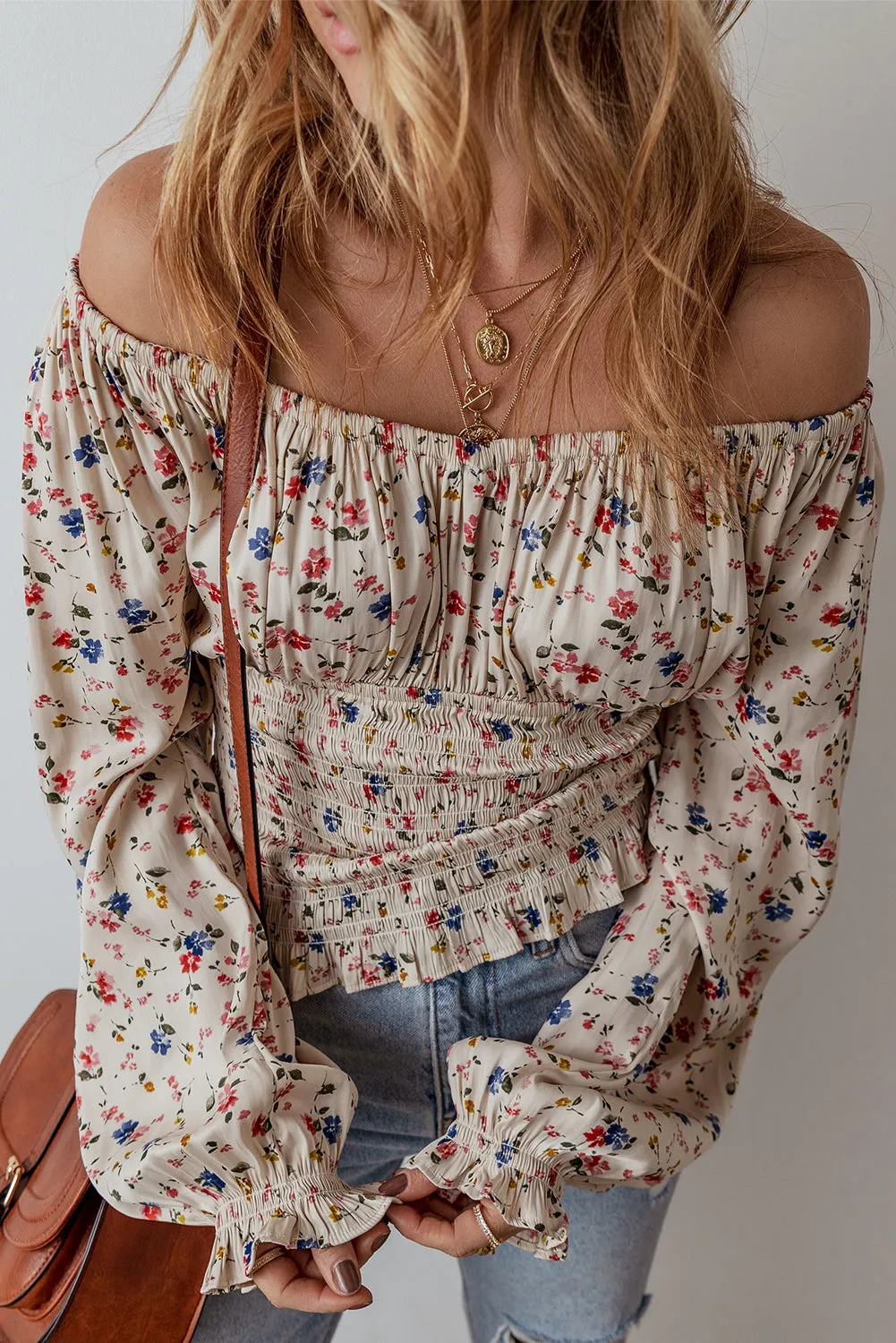 Boho Floral Smocked Waist V Neck Blouse