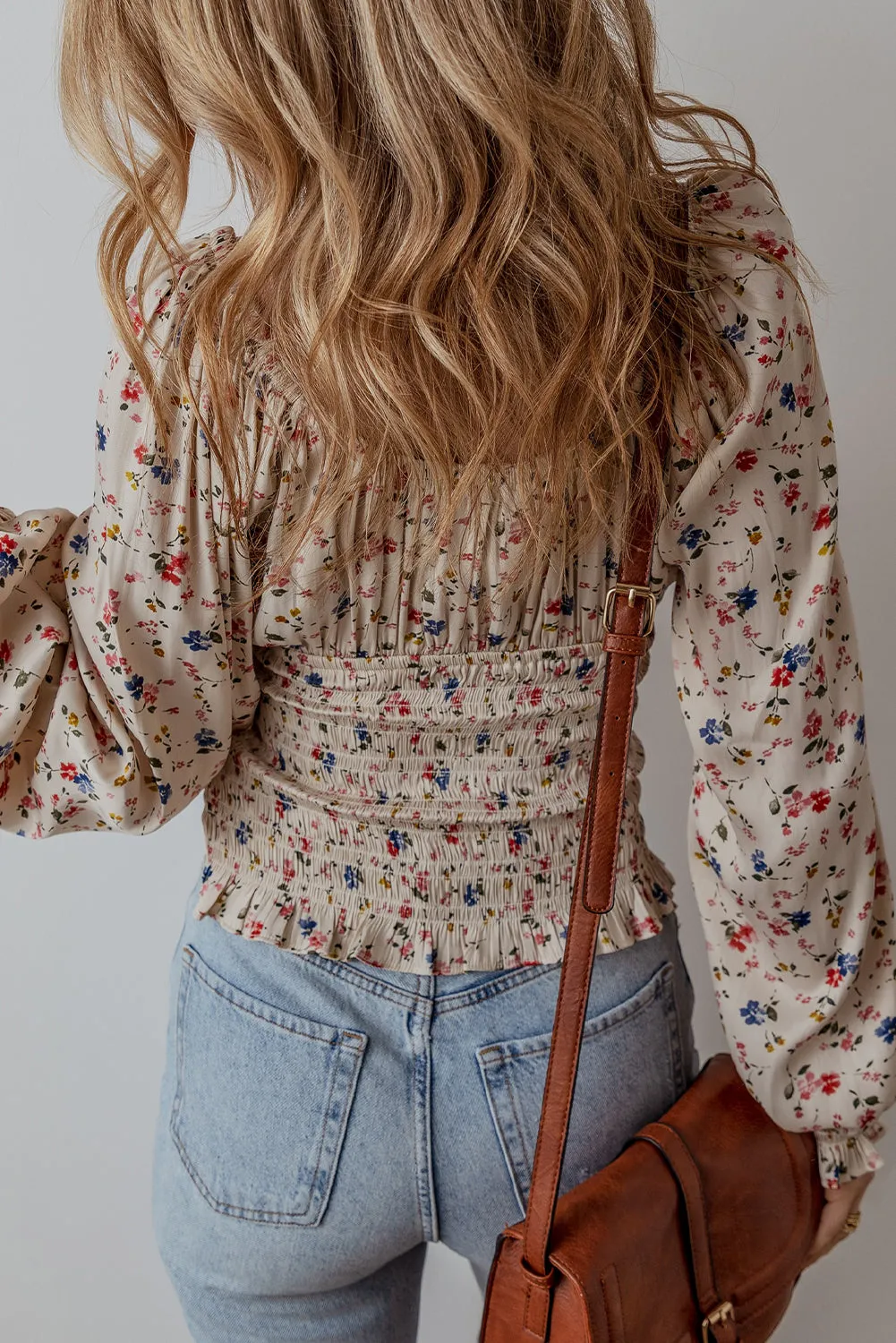 Boho Floral Smocked Waist V Neck Blouse