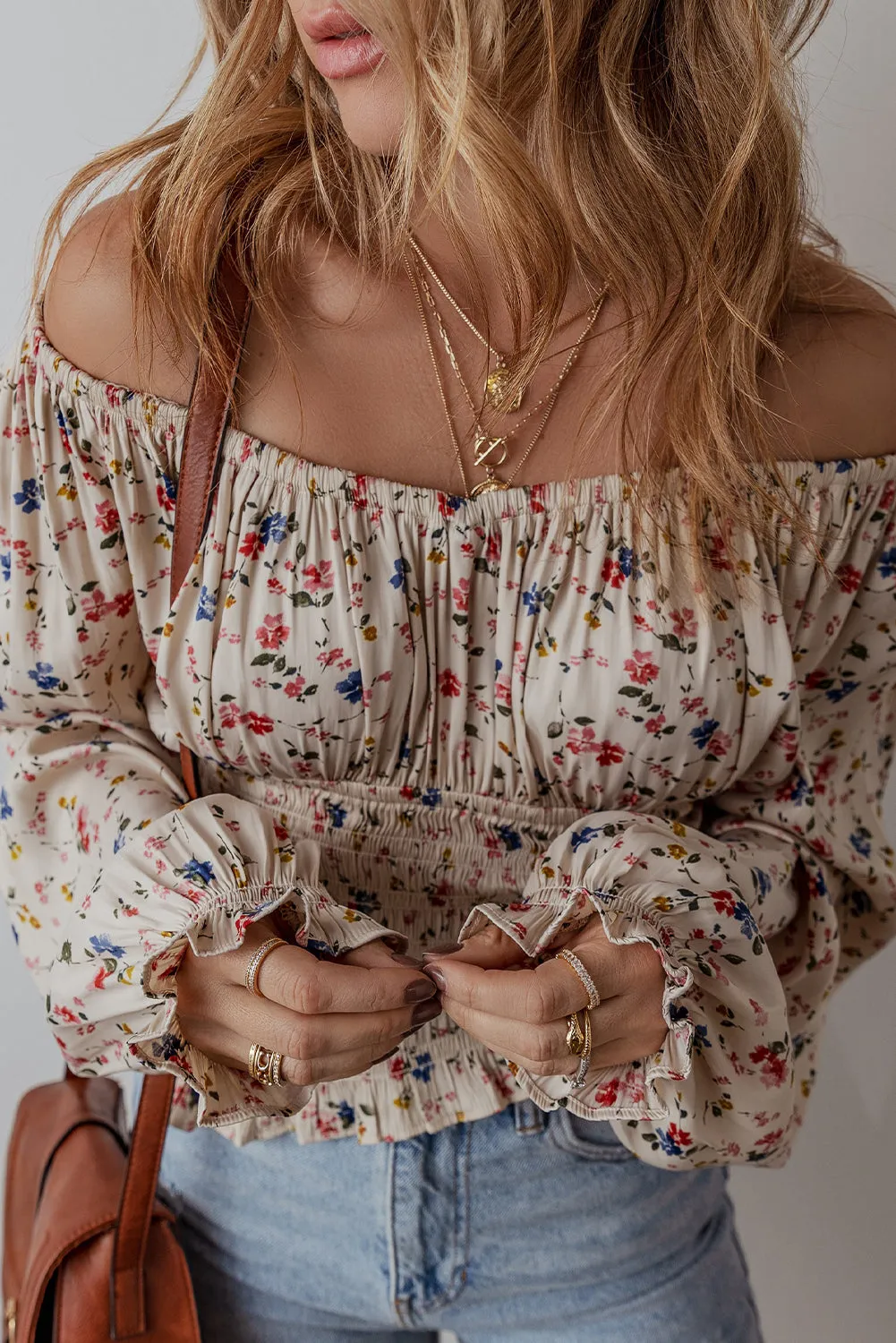 Boho Floral Smocked Waist V Neck Blouse