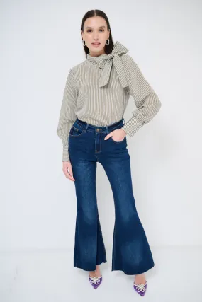 Bow-tie striped blouse with puff sleeves wholesale