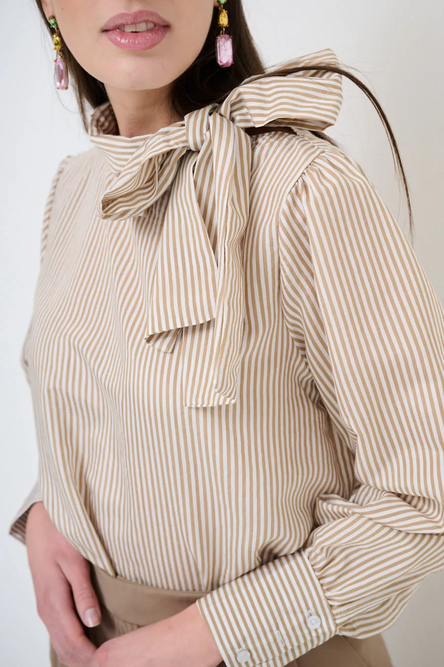 Bow-tie striped blouse with puff sleeves wholesale