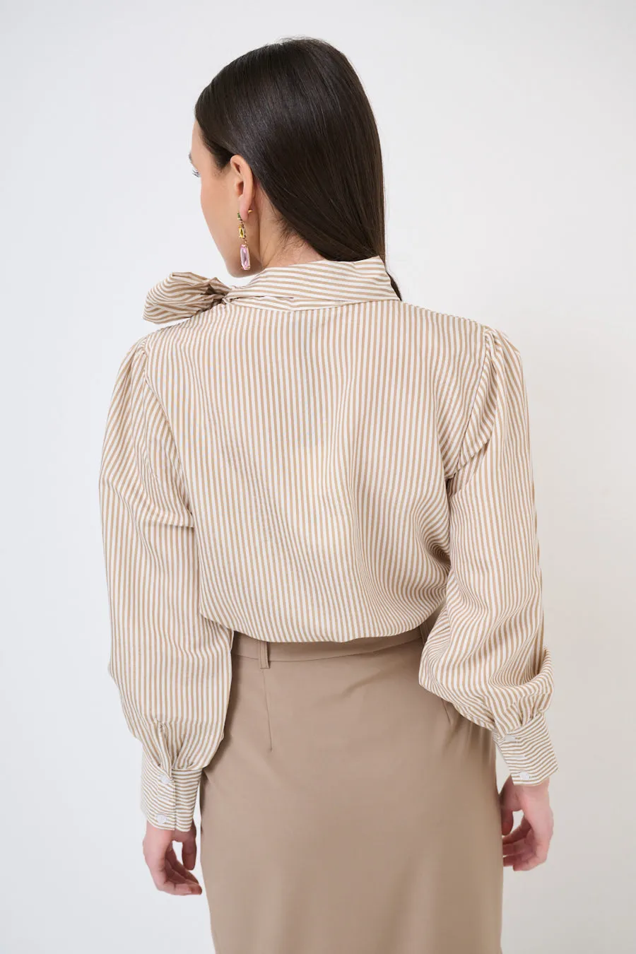 Bow-tie striped blouse with puff sleeves wholesale