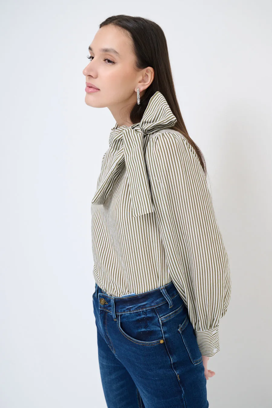 Bow-tie striped blouse with puff sleeves wholesale