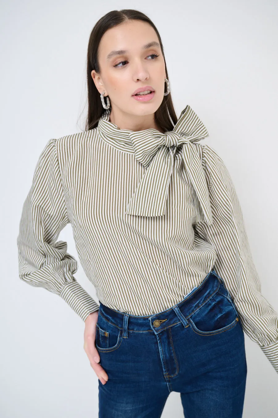 Bow-tie striped blouse with puff sleeves wholesale