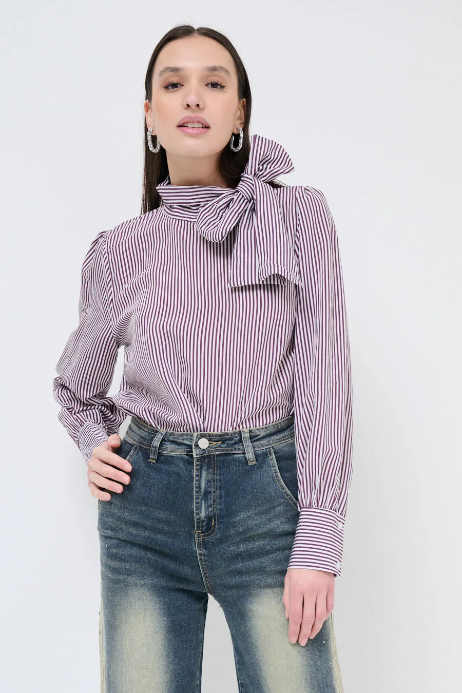 Bow-tie striped blouse with puff sleeves wholesale
