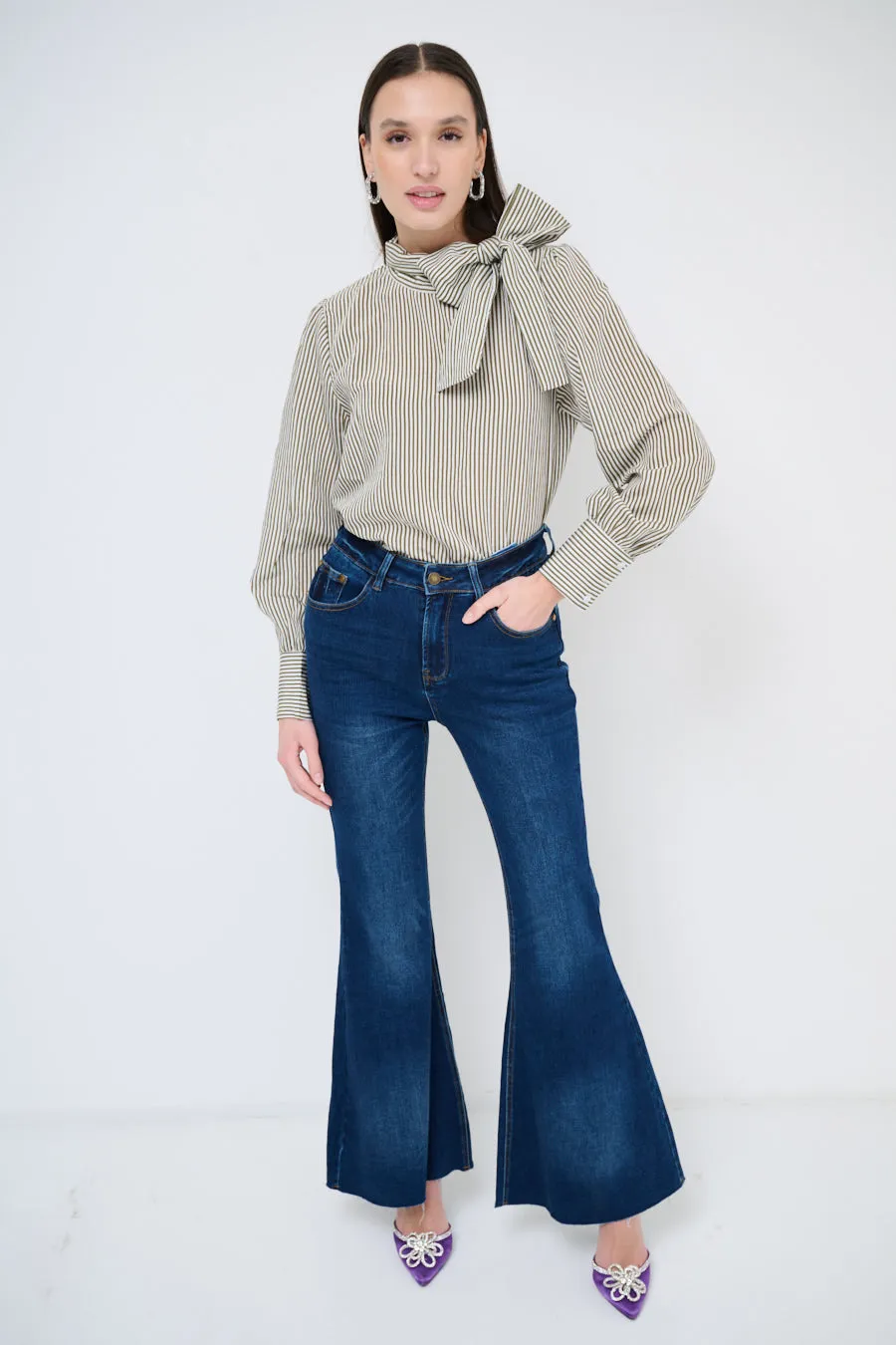 Bow-tie striped blouse with puff sleeves wholesale