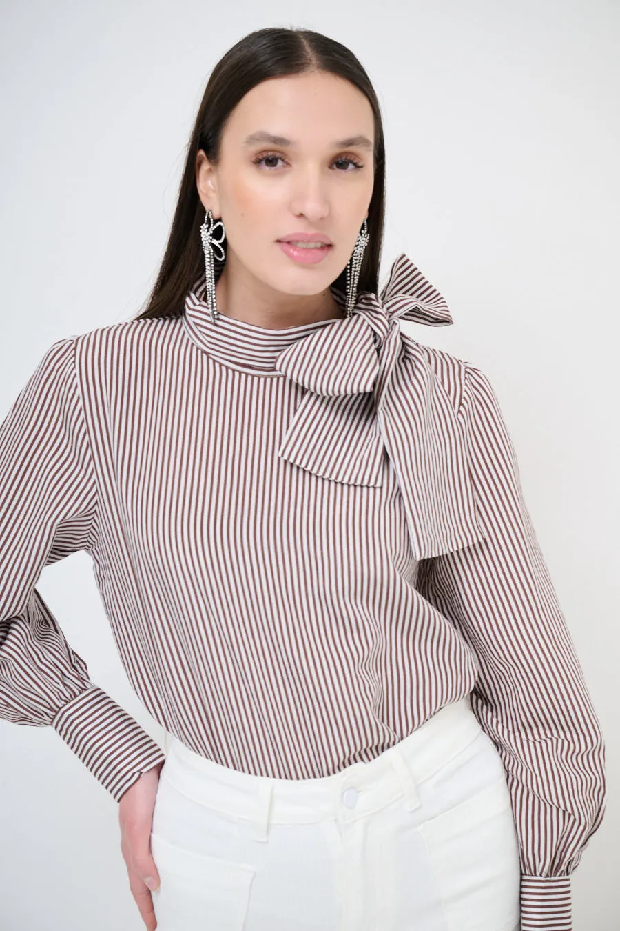 Bow-tie striped blouse with puff sleeves wholesale