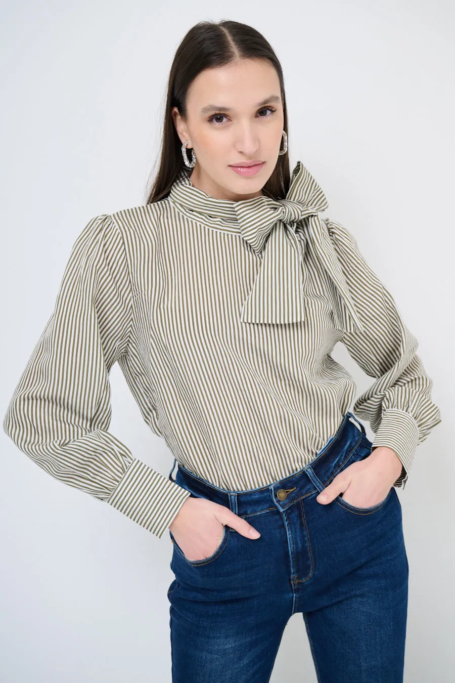 Bow-tie striped blouse with puff sleeves wholesale