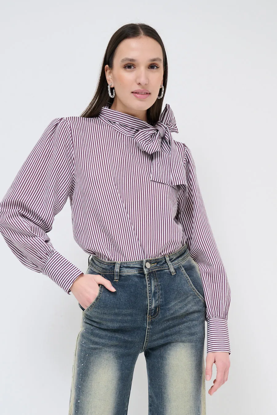 Bow-tie striped blouse with puff sleeves wholesale