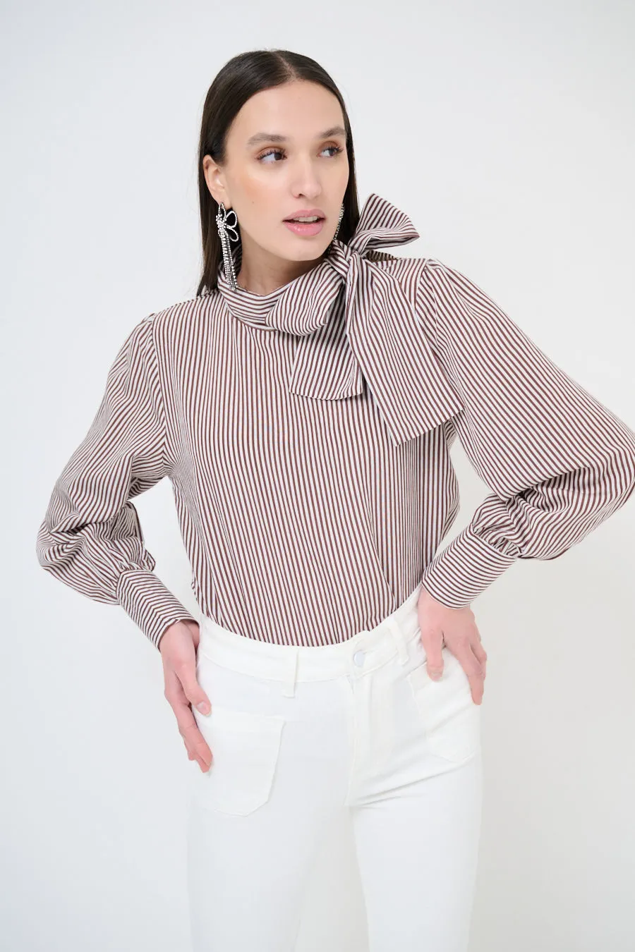 Bow-tie striped blouse with puff sleeves wholesale