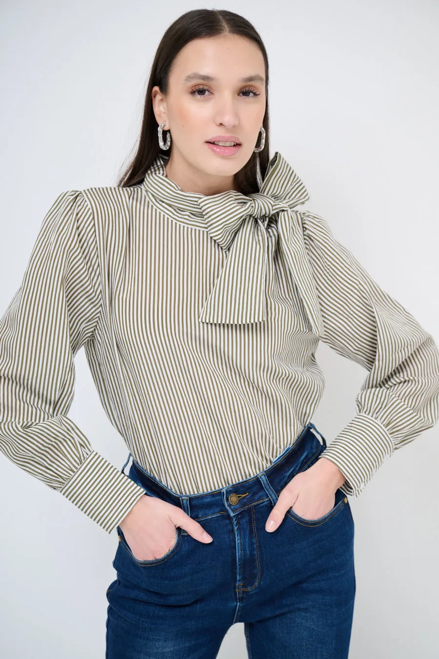 Bow-tie striped blouse with puff sleeves wholesale