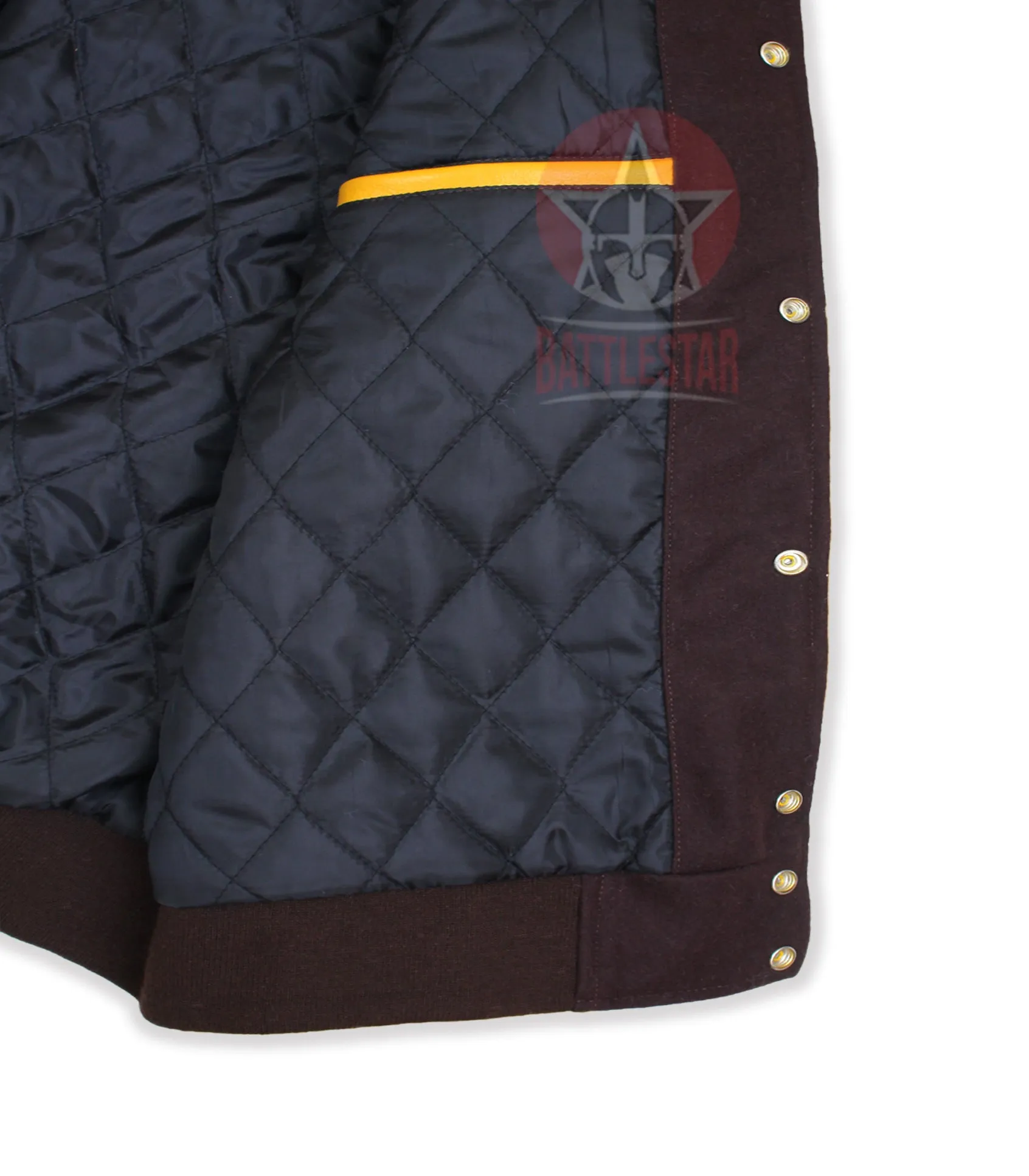 Brown Wool Gold Yellow Leather Sleeves Varsity Jacket
