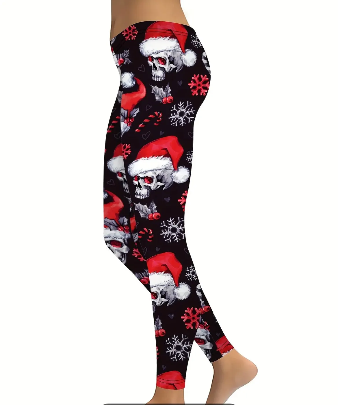 Christmas Skull Print Yoga Tights, Pants, Leggings - Black
