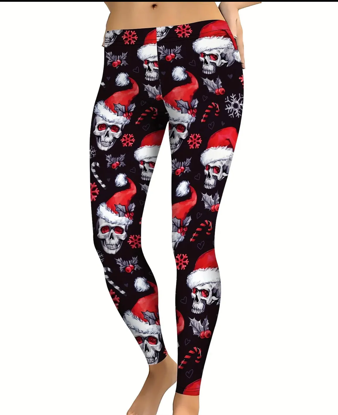 Christmas Skull Print Yoga Tights, Pants, Leggings - Black