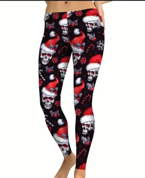 Christmas Skull Print Yoga Tights, Pants, Leggings - Black