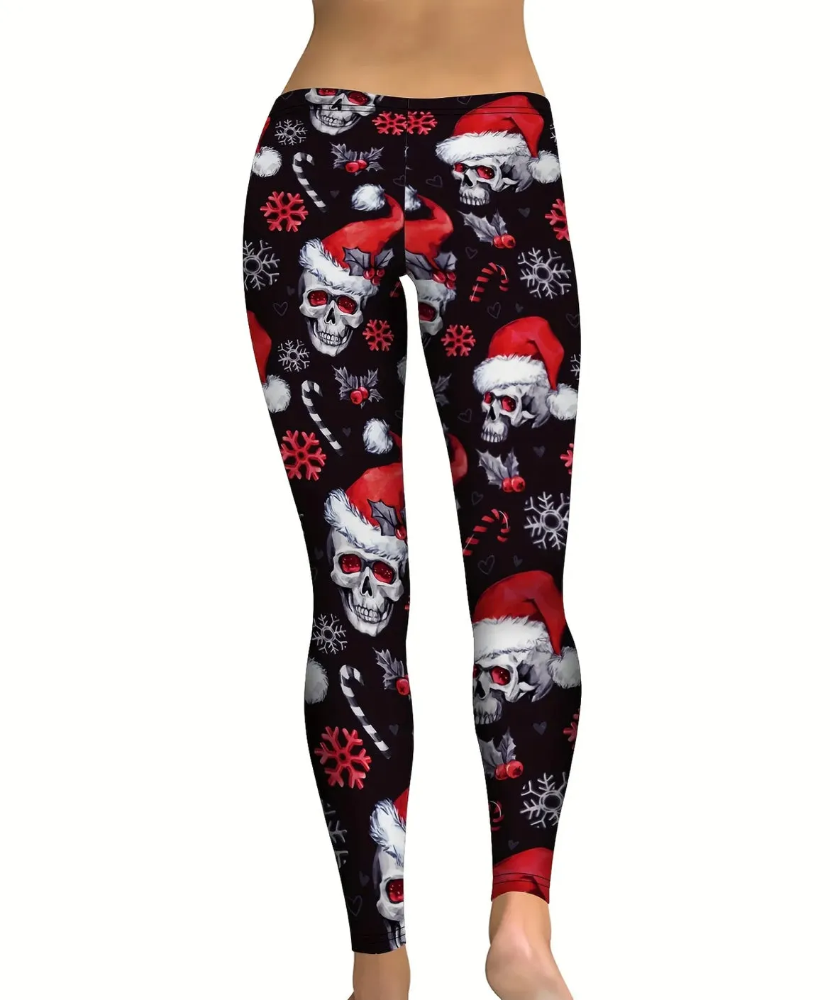 Christmas Skull Print Yoga Tights, Pants, Leggings - Black