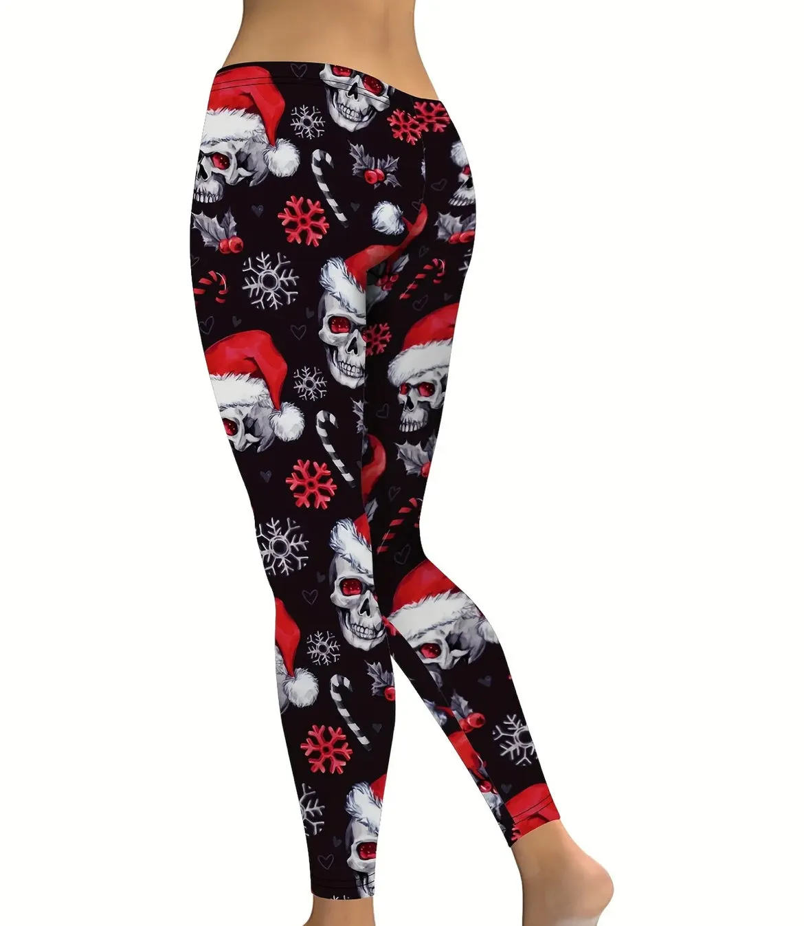 Christmas Skull Print Yoga Tights, Pants, Leggings - Black
