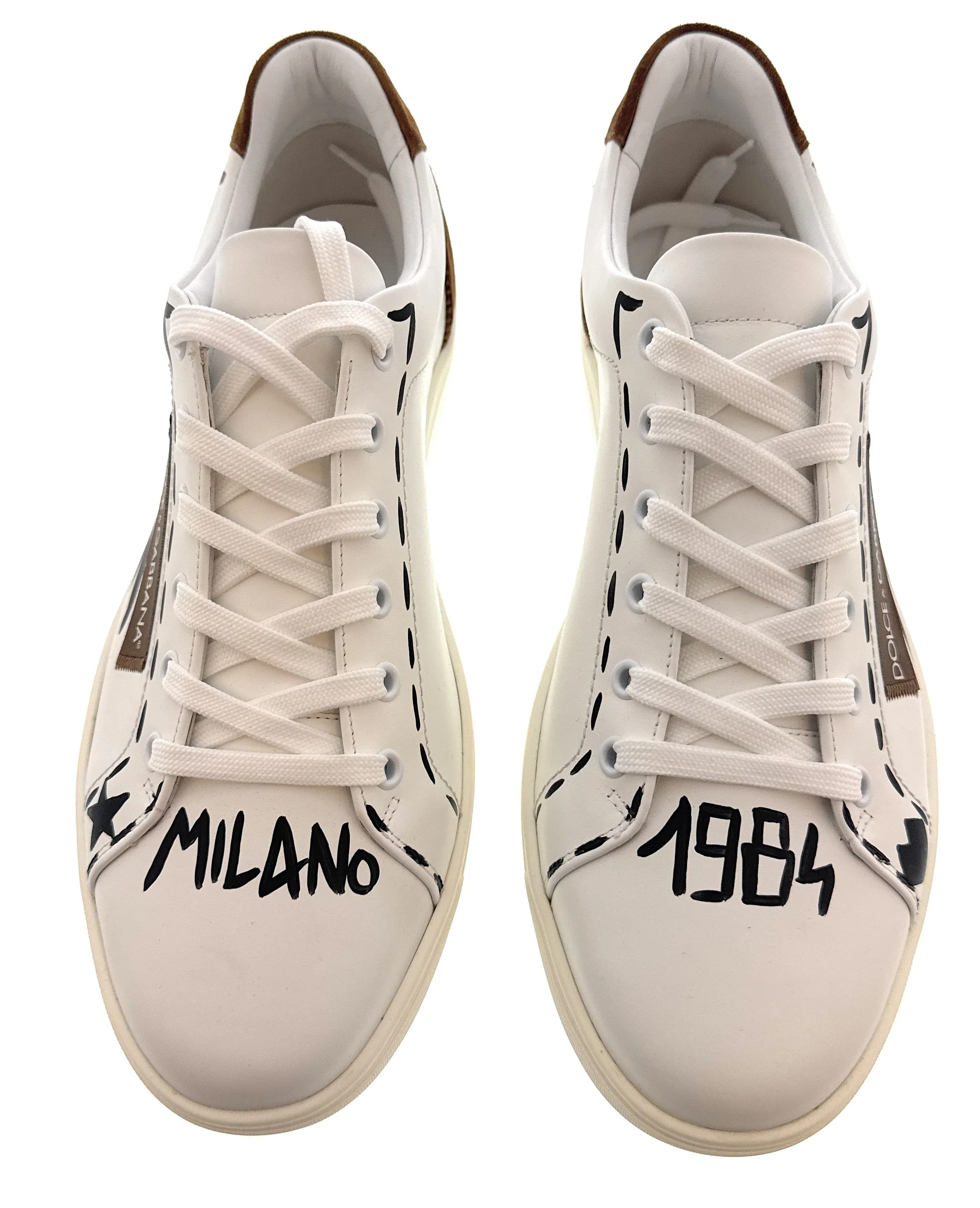 Dolce & Gabbana Men's White Leather Sneakers with Graffiti & Logo Patch-EU42.5