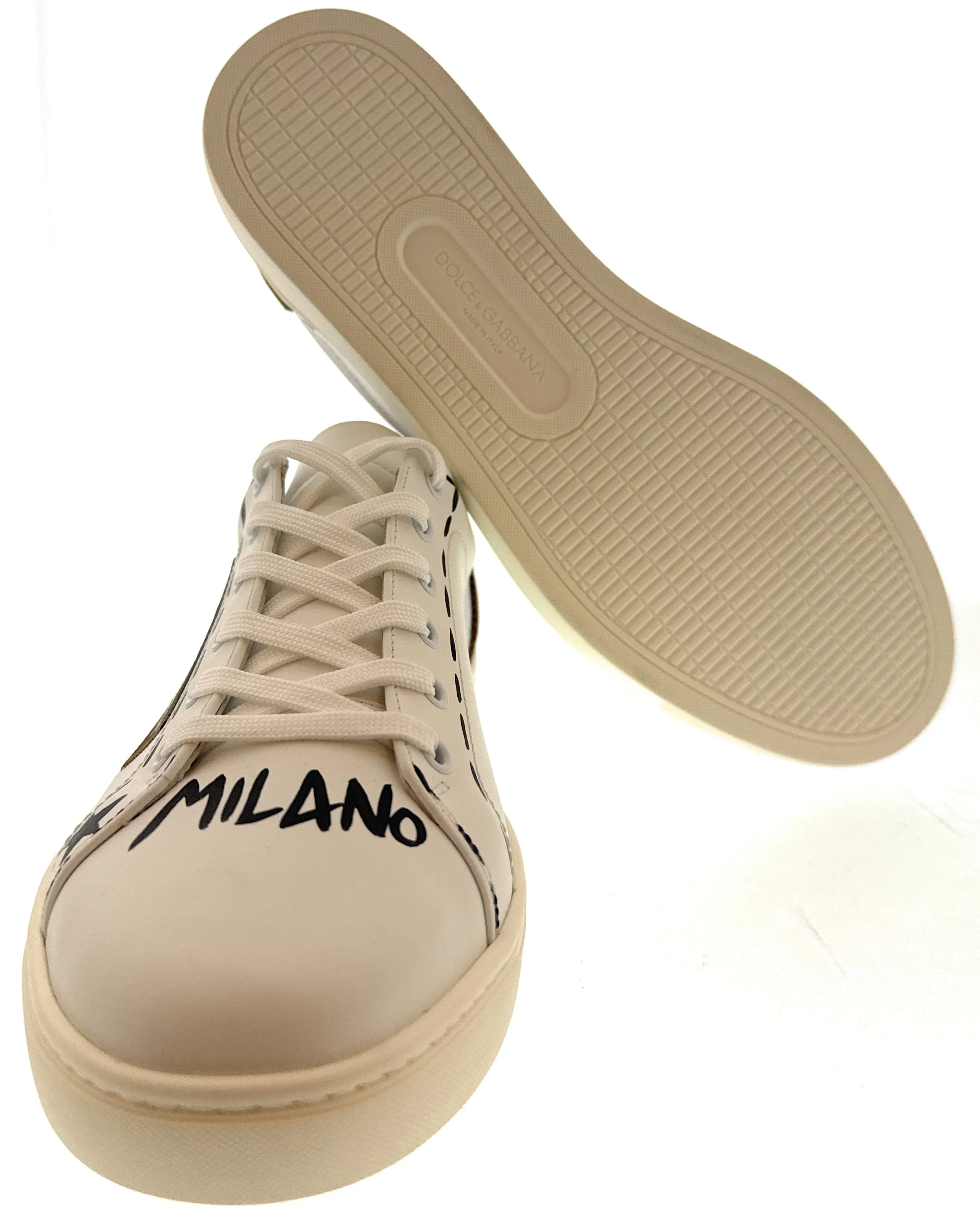 Dolce & Gabbana Men's White Leather Sneakers with Graffiti & Logo Patch-EU42.5