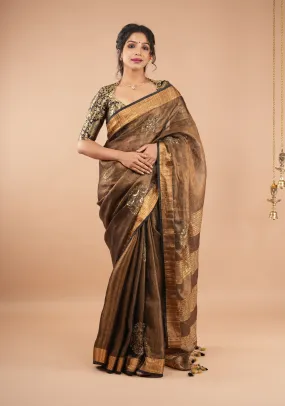 Embroidery cut dana with seqins Work Tissue Linen Saree in copper black with dramatic work Pallu