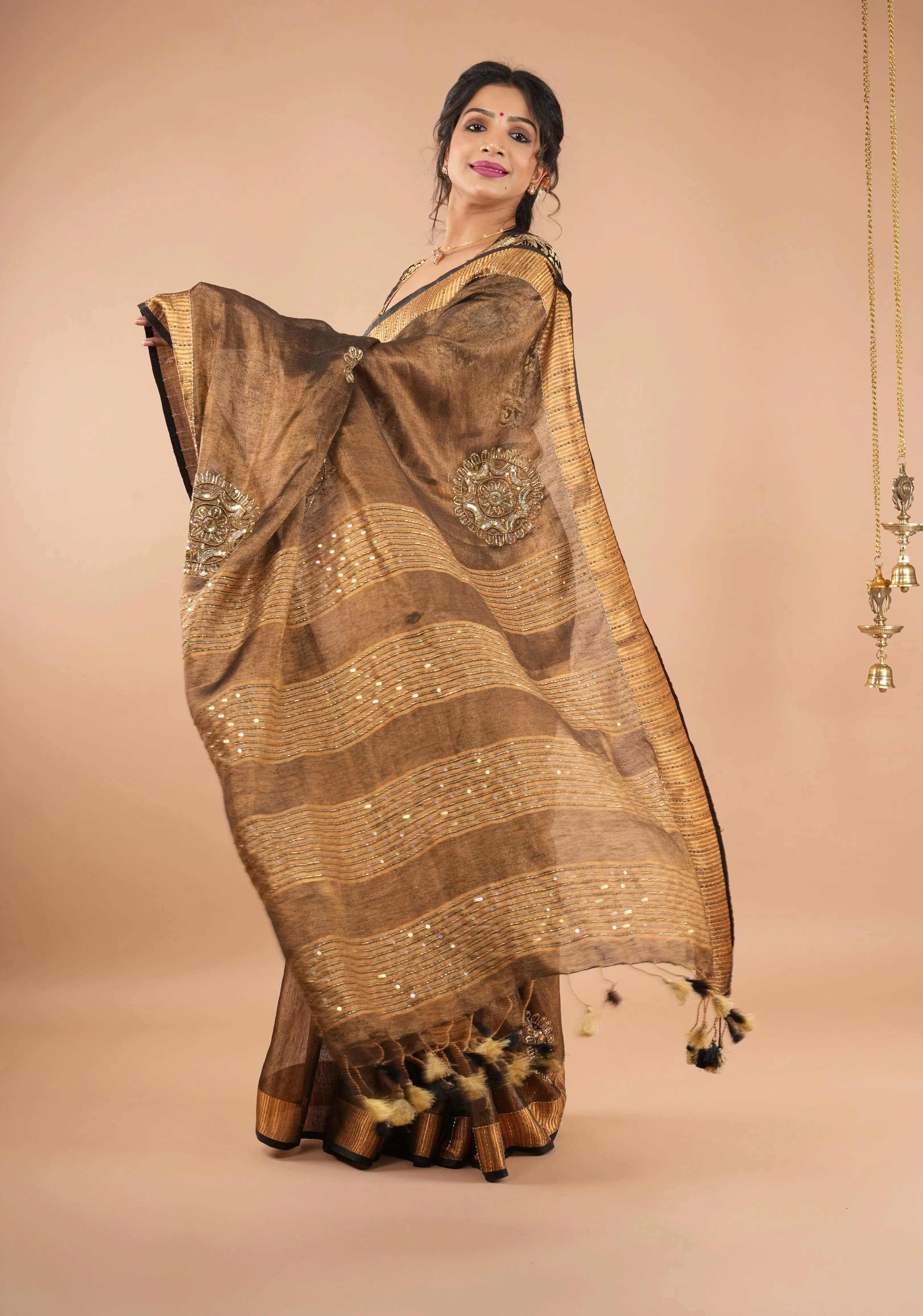 Embroidery cut dana with seqins Work Tissue Linen Saree in copper black with dramatic work Pallu
