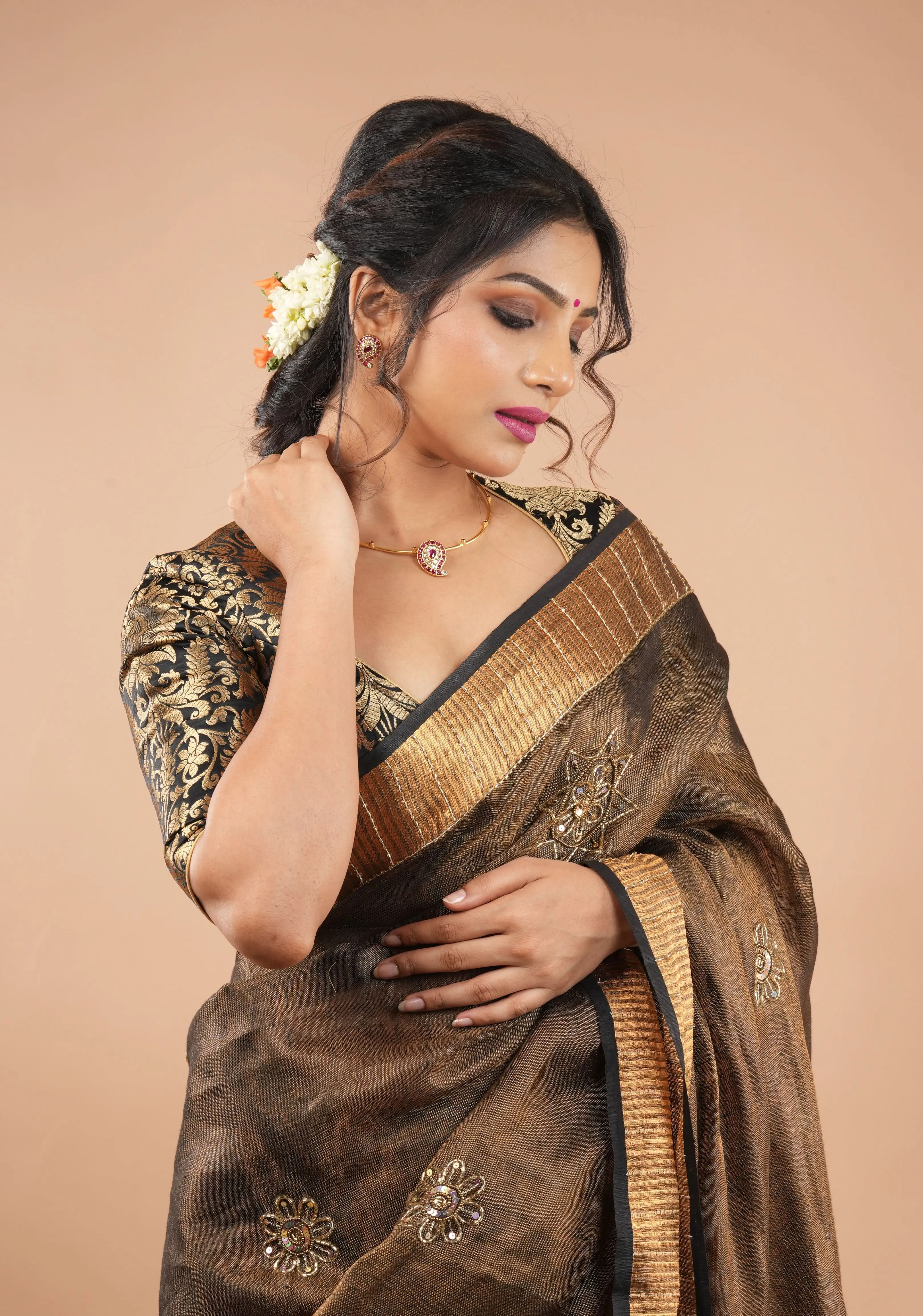 Embroidery cut dana with seqins Work Tissue Linen Saree in copper black with dramatic work Pallu