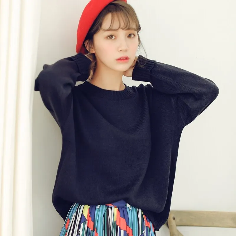 Fashion Loose Solid O-neck Sweaters