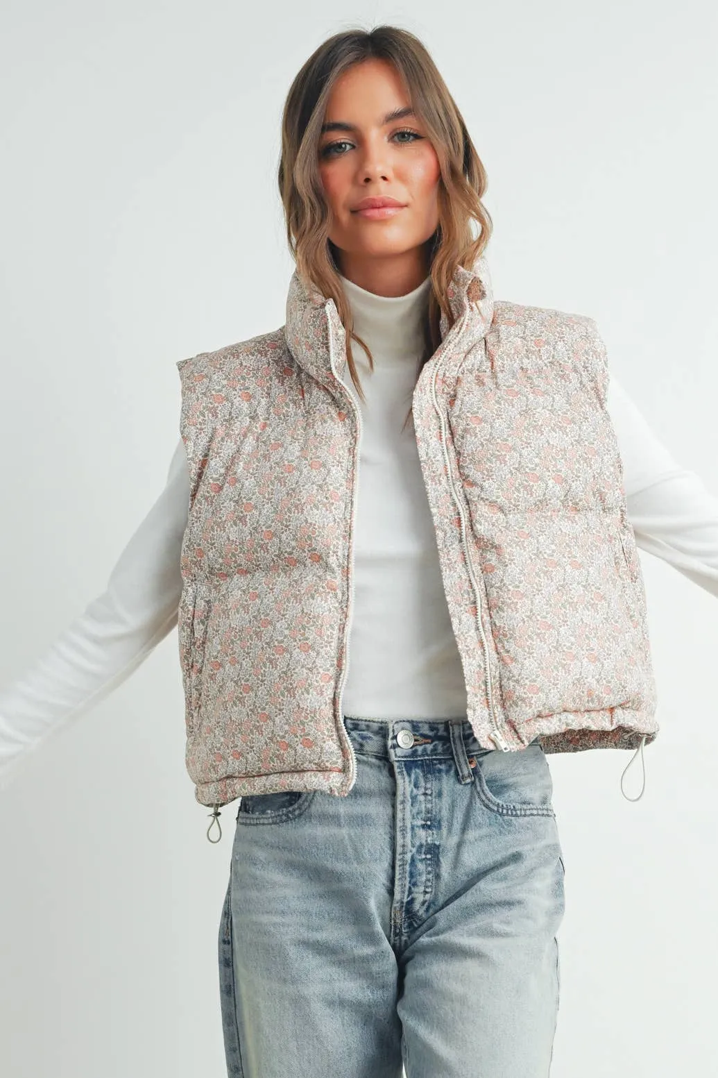 Floral High Neck Puffer Vest