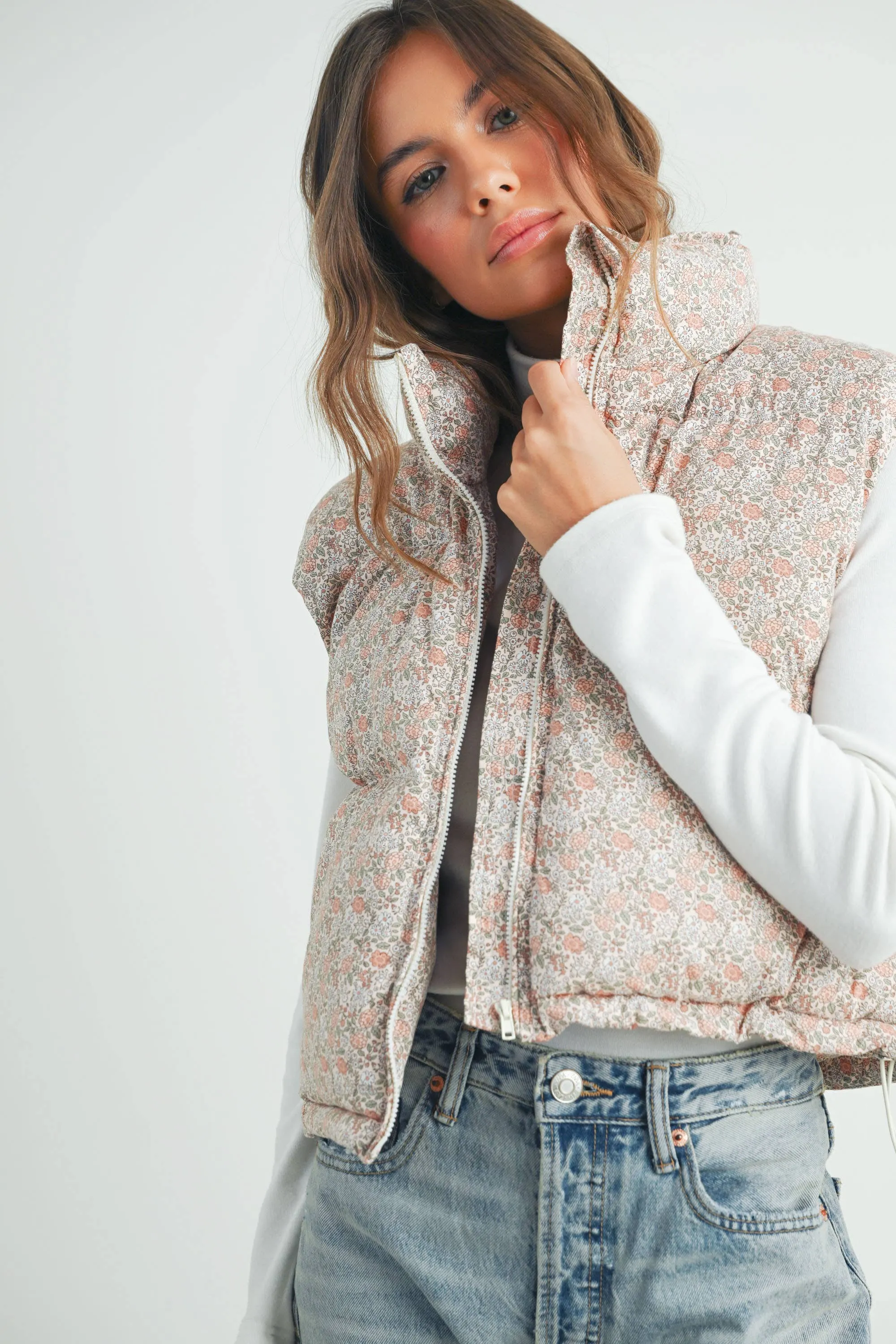 Floral High Neck Puffer Vest