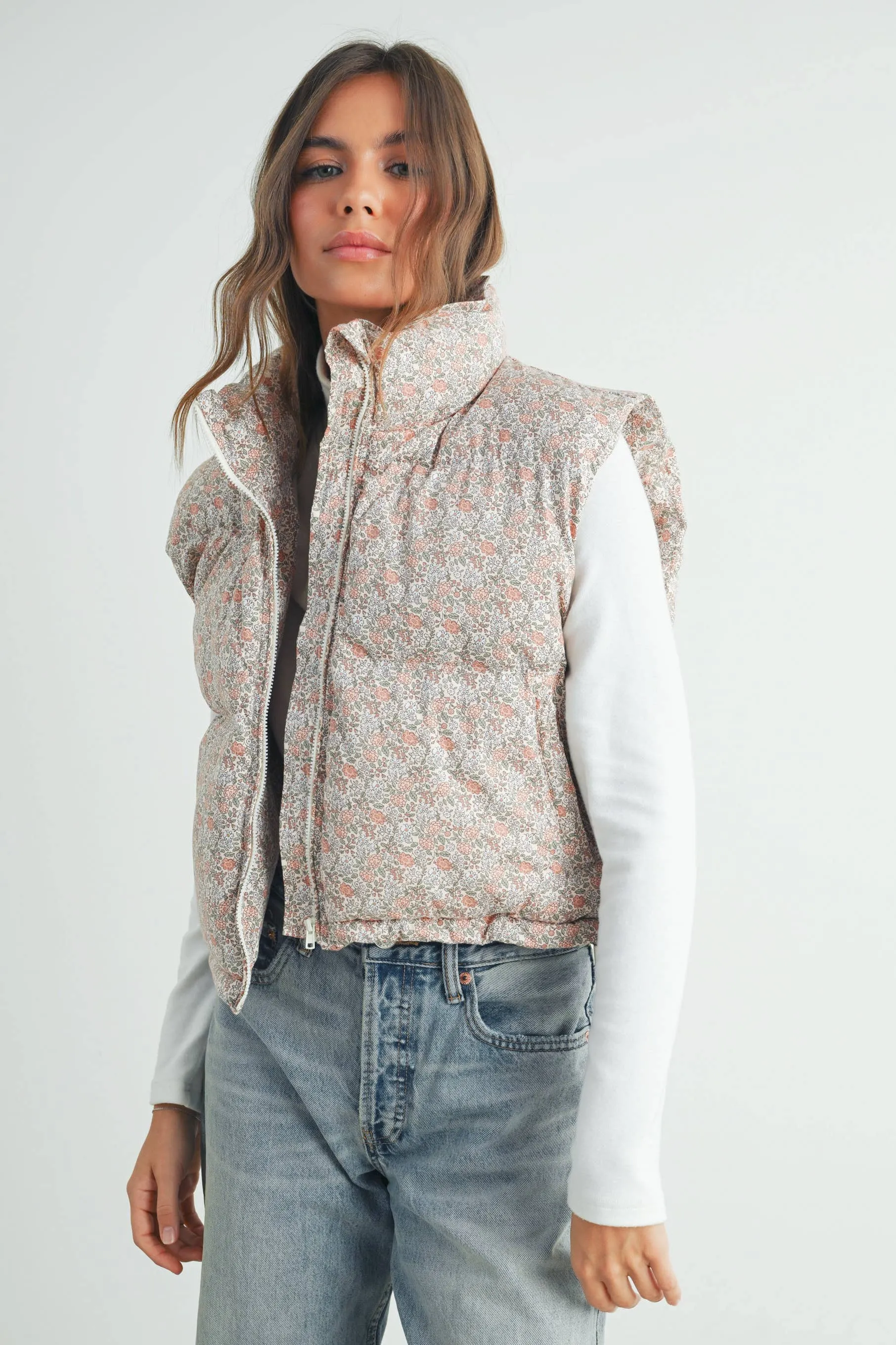 Floral High Neck Puffer Vest