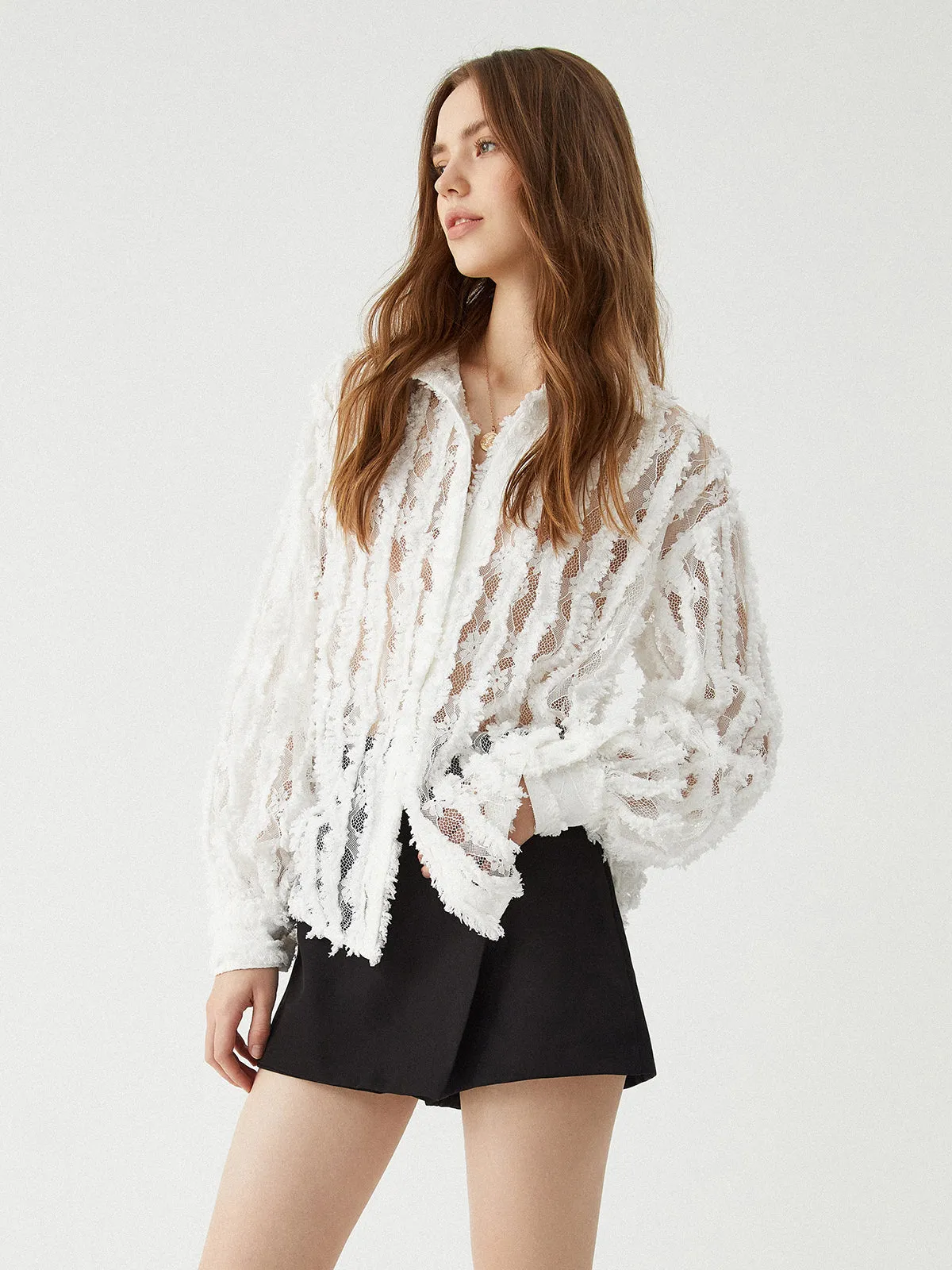 Jacquard Lace Graceful Patchwork Striped Blouse