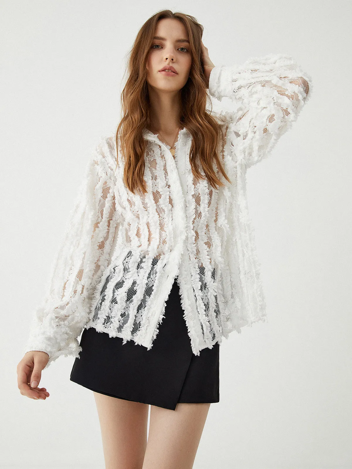 Jacquard Lace Graceful Patchwork Striped Blouse