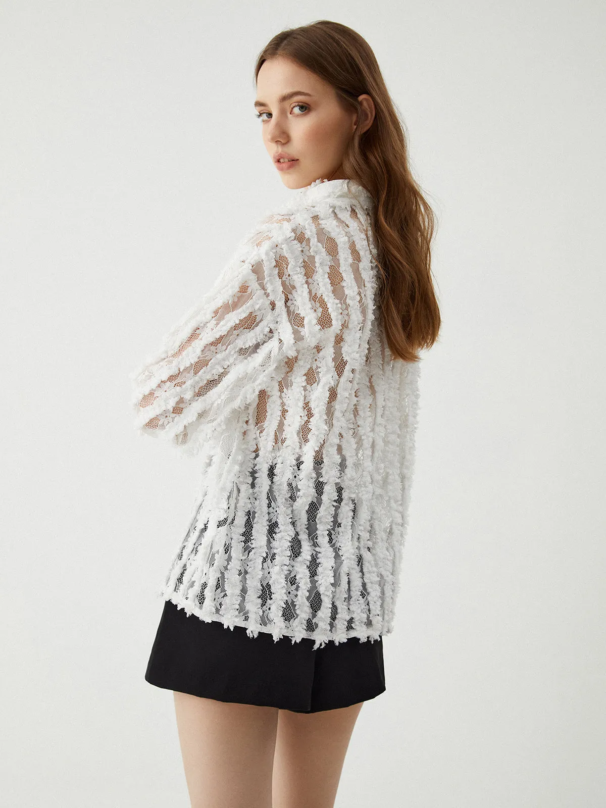 Jacquard Lace Graceful Patchwork Striped Blouse