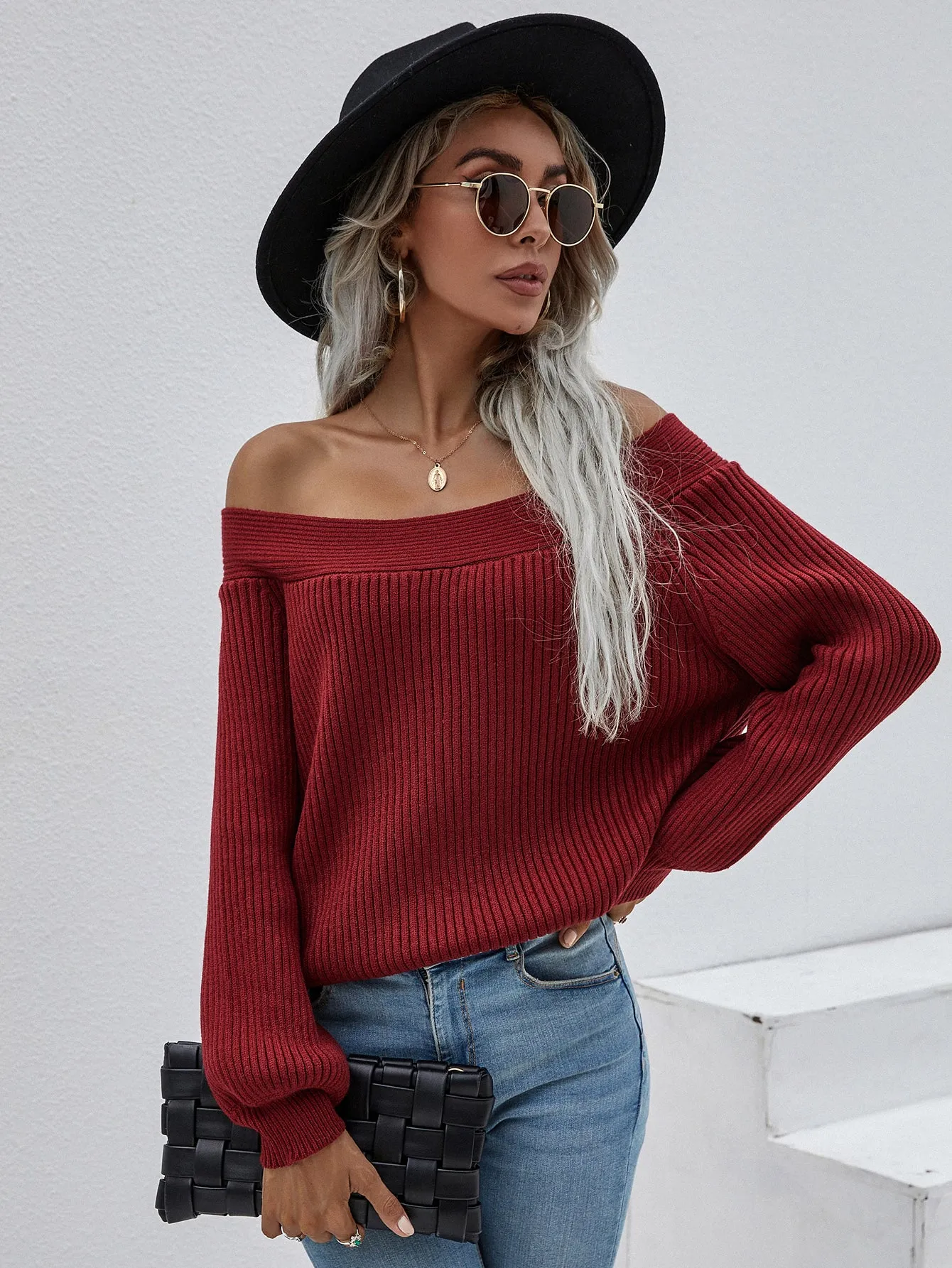 Large Size Loose Knit Solid Color Pullover Sweater