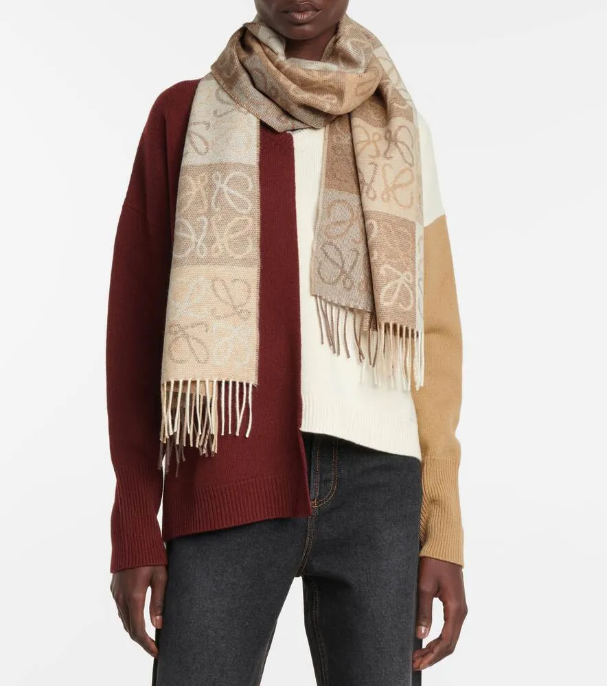Loewe Wool and Cashmere Anagram Scarf, Beige