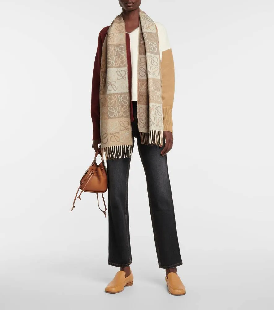 Loewe Wool and Cashmere Anagram Scarf, Beige