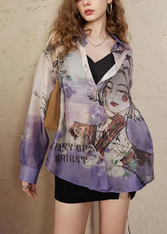 Loose Purple Peter Pan Collar Print Chiffon Blouses Long Sleeve KK024