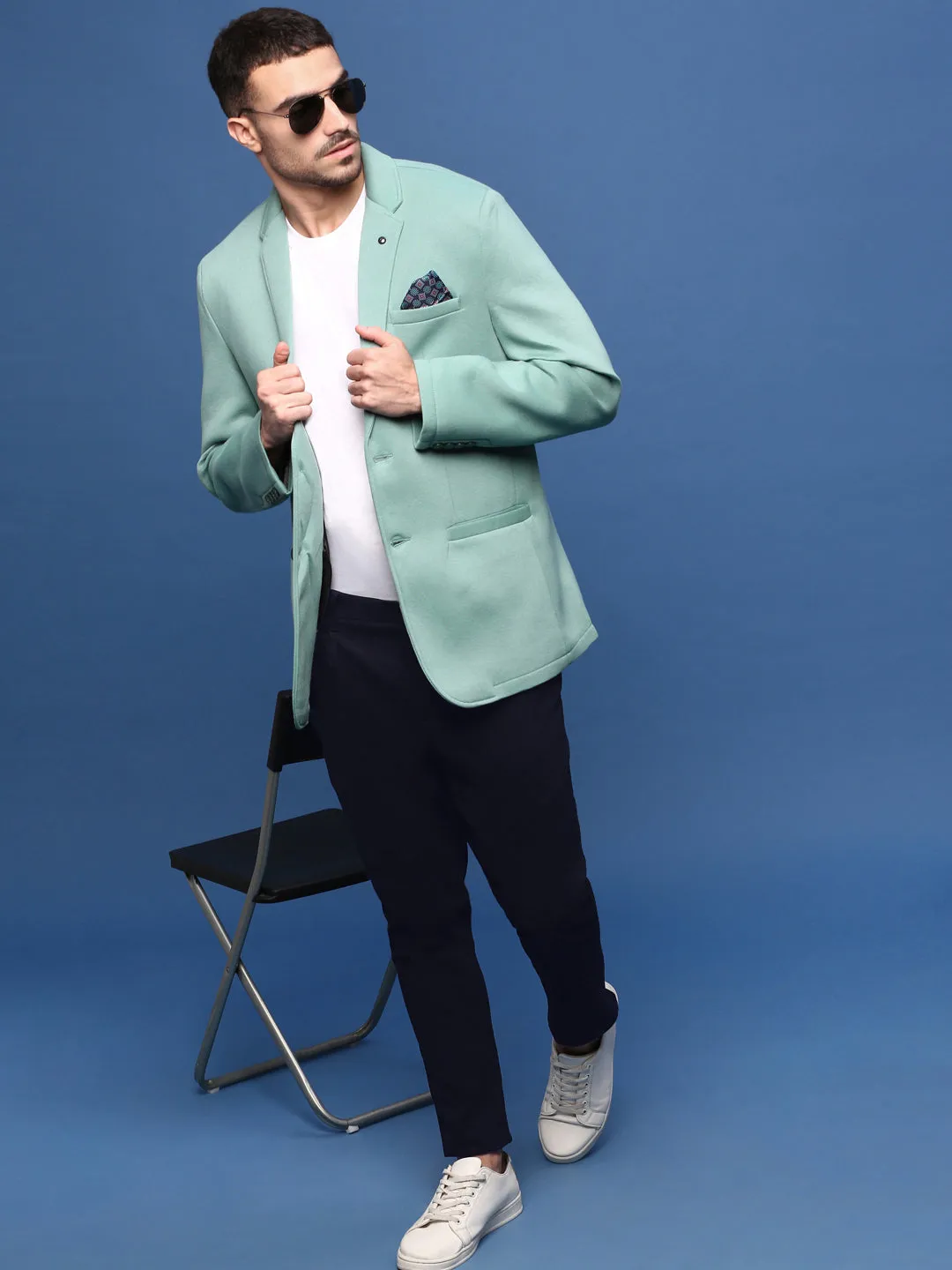 Men Turquoise Blue Slim Fit Single Breasted Blazer