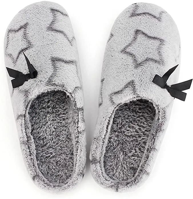 New KomForme Women Memory Foam Slippers, Cozy Flannel Winter House Shoes with Star Pattern and Anti-Slip Sole, Sz 5