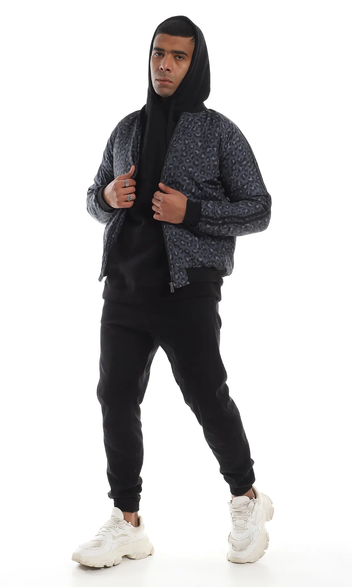 O156159 Animal Pattern Side Pockets Zipped Dark Grey & Navy Blue Jacket