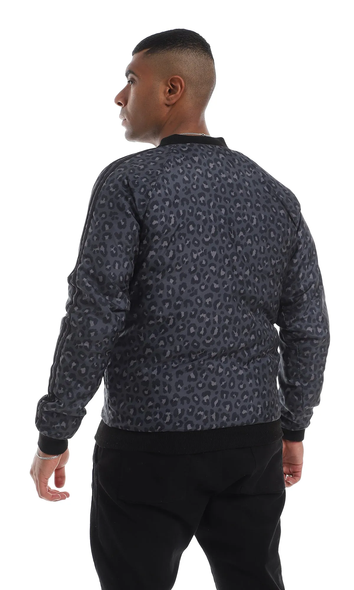 O156159 Animal Pattern Side Pockets Zipped Dark Grey & Navy Blue Jacket