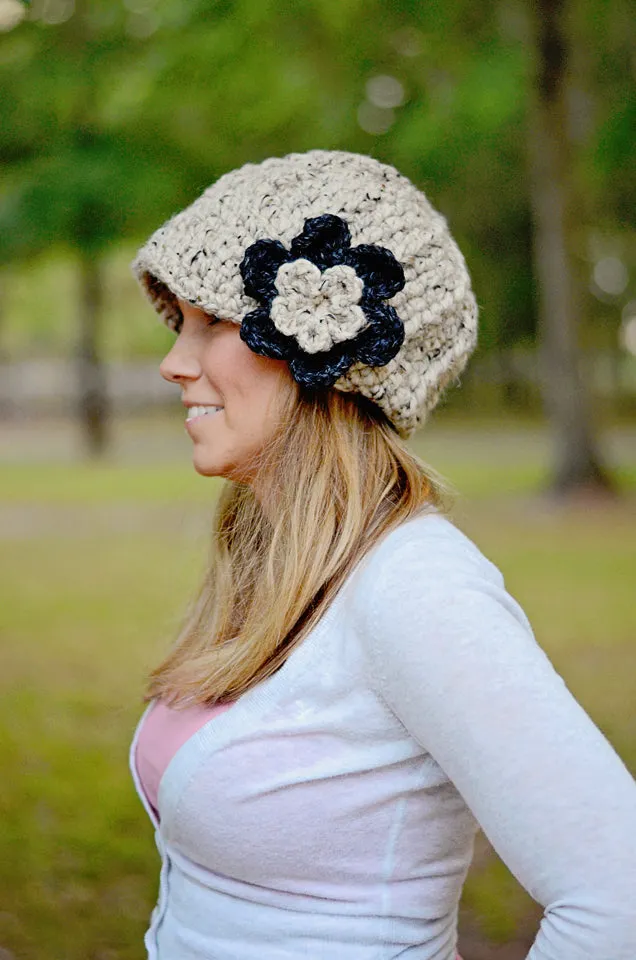 Oatmeal & charcoal gray flower beanie winter hat